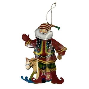 Vintage Enesco Metal Santa Ornament Large 2 Sided 1999 M.E MCM Holiday Christmas